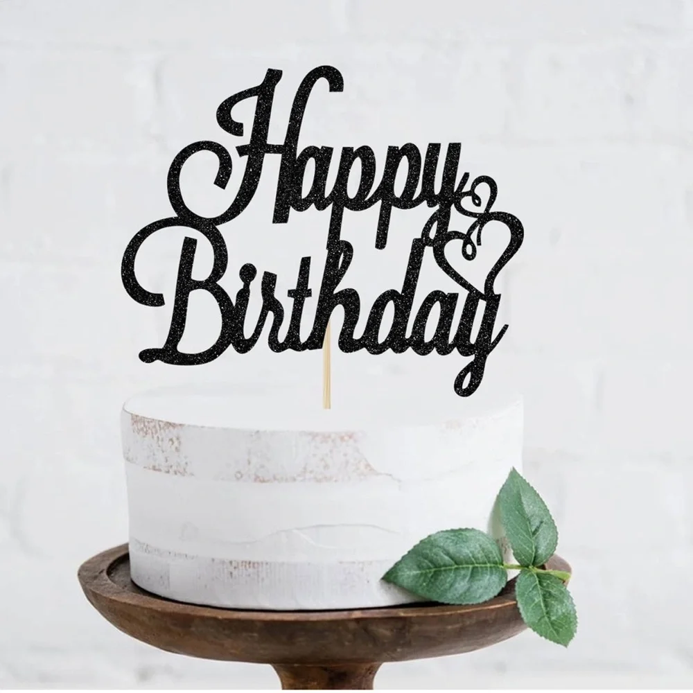 Black Glitter Happy Birthday Cake Topper, Birthday Party Decorations